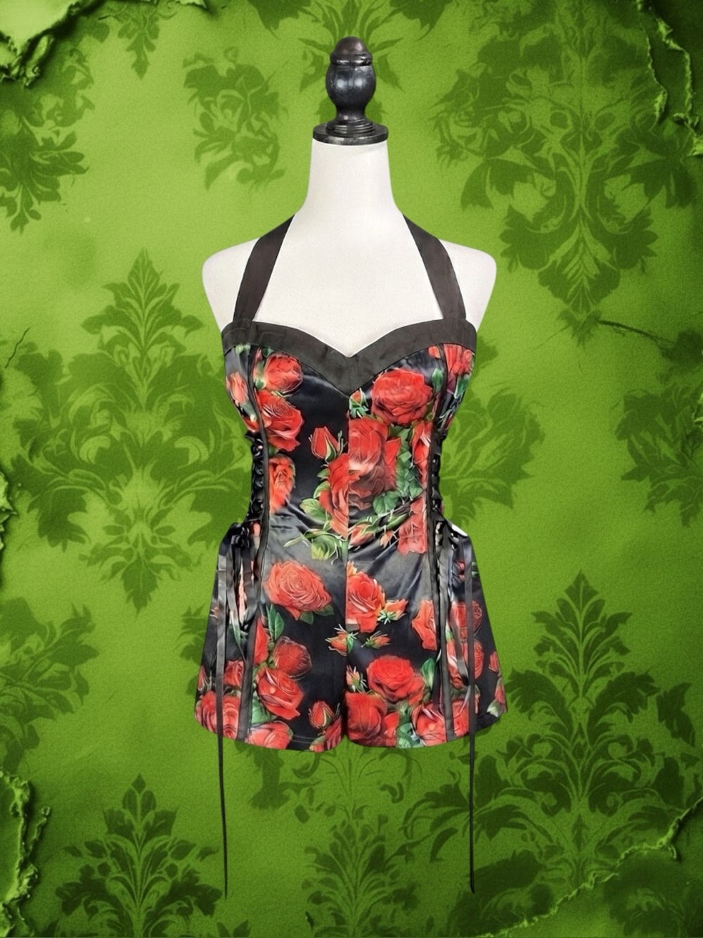 Dolls Kill Sugar Thrillz Pin-Up Rockabilly Goth Punk Alt Floral Corset Romper L
